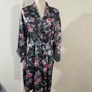 Thalia Sodi Women Gray Pink Floral Satin Robe Kimono Tie Front Sz S/M Sheer Trim